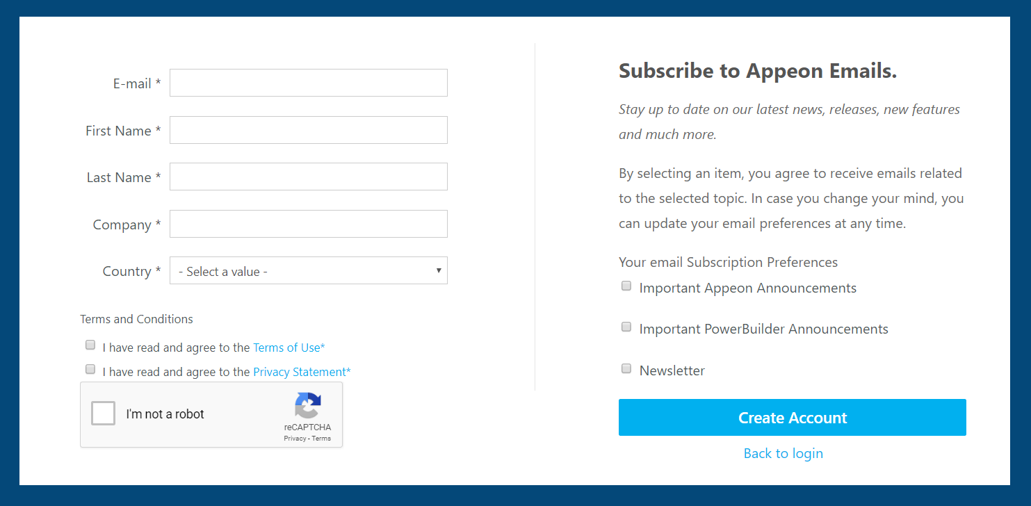 Appeonアカウント作成ページ